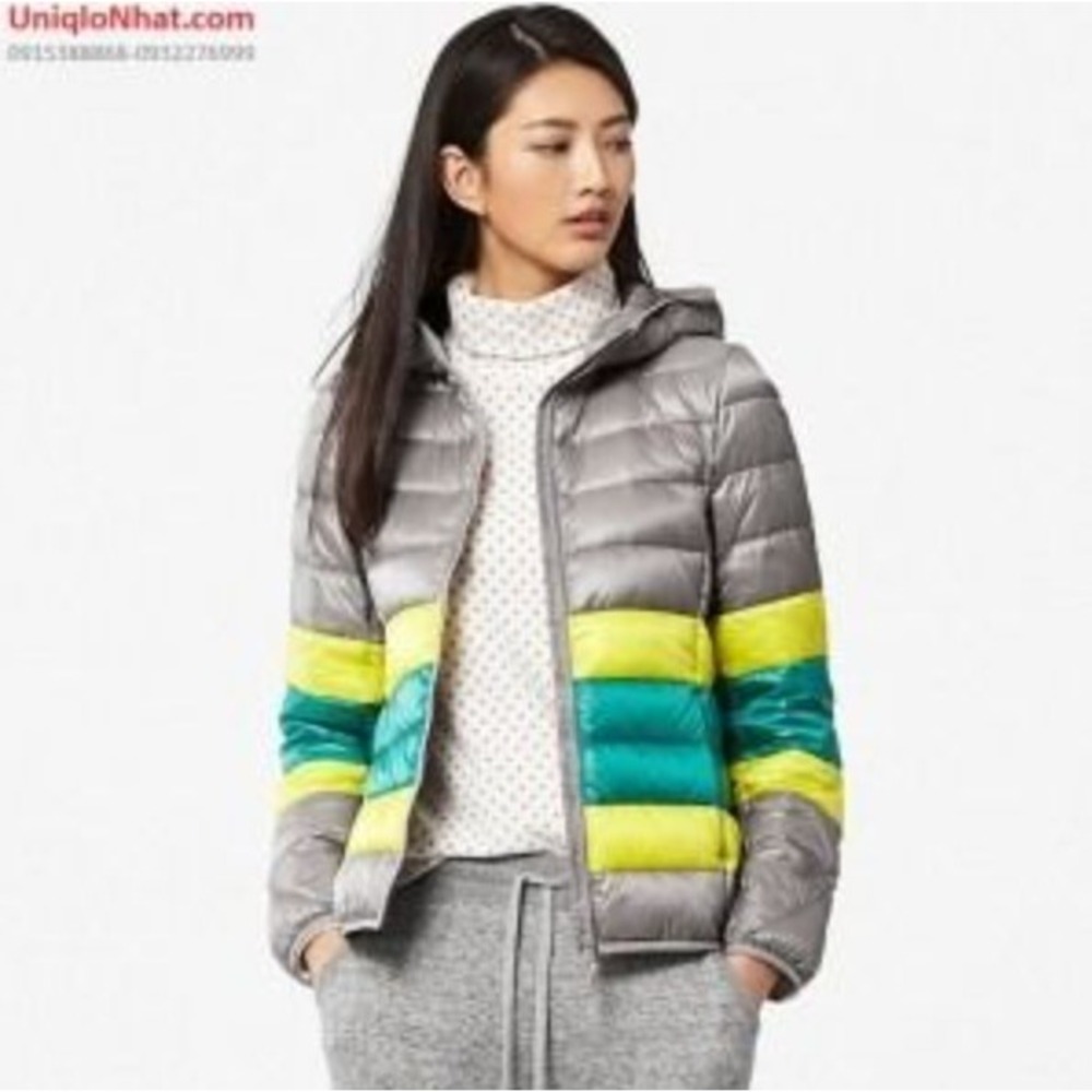 Uniqlo Ultra Light Down Jacket Gray Yellow Green Colorblock Hooded Puffer S